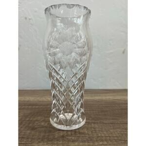 Vintage Cut Glass Bud Vase 7.5” Sunburst Daisy Floral Pattern Clear
